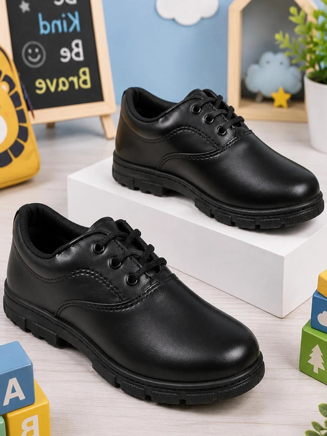 ABLESTEP Kids Black Lacing School Shoes