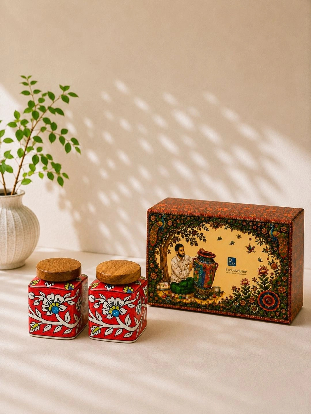 ExclusiveLane Set Of 2 Mughal Cuboidal Pair Floral Ceramic Kitchen Storage Jars Containers