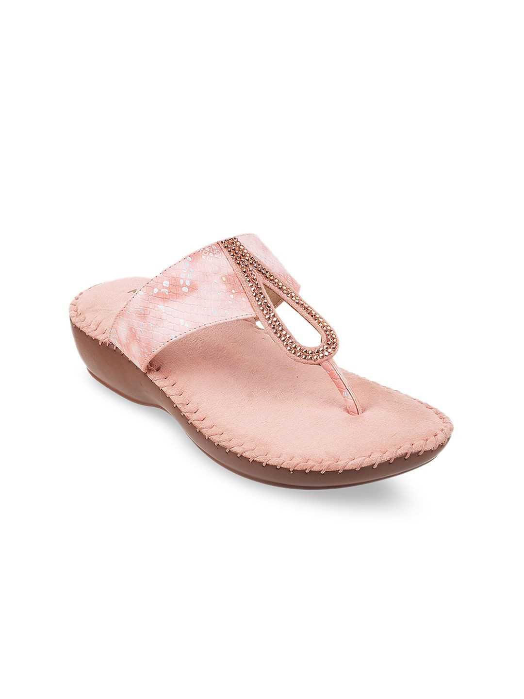 Mochi Womens Pink Embellished Comfort Ethnic T- Strap Flat