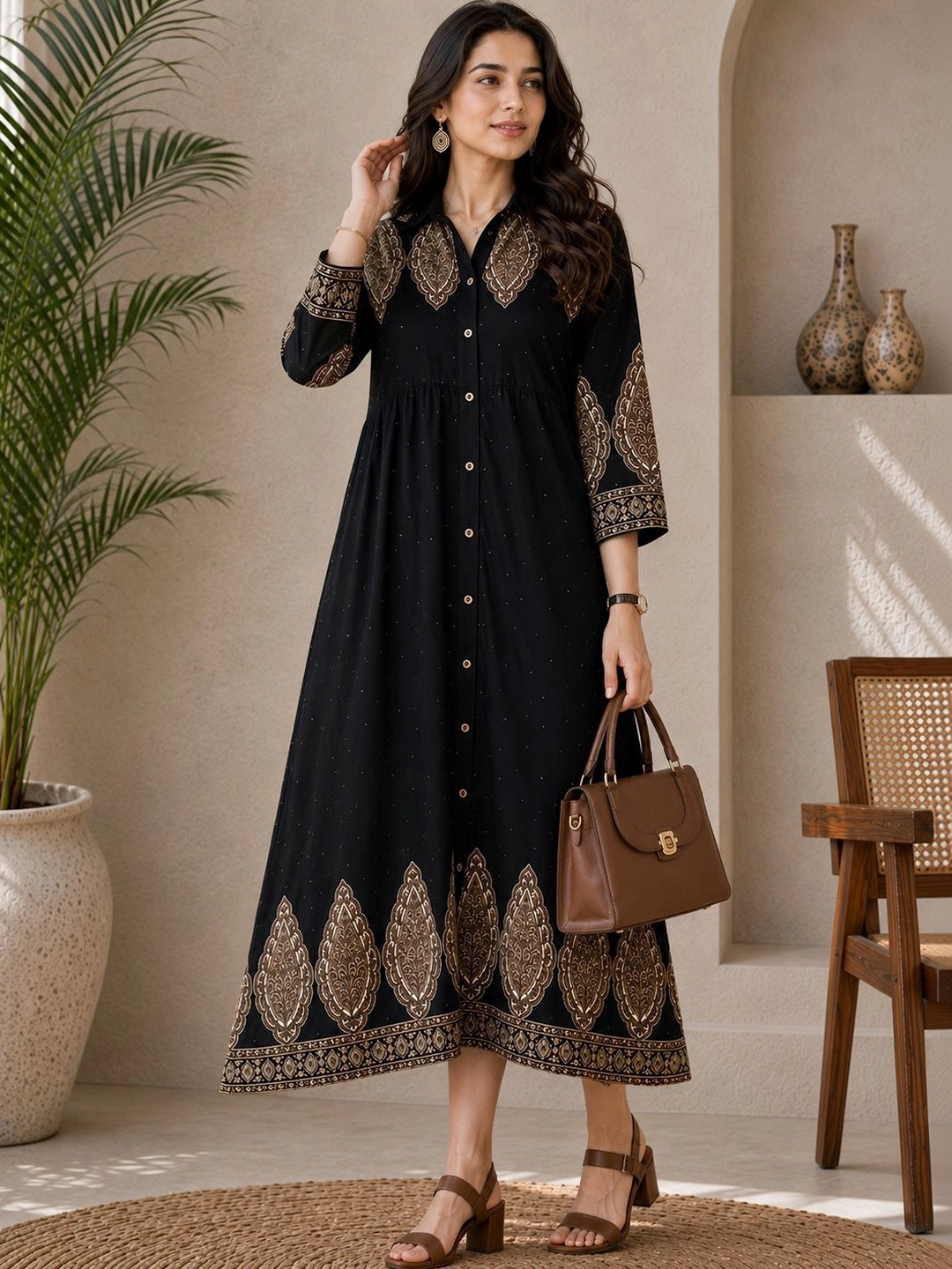 Manqsh by Claura Ethnic Motifs Print A-Line Midi Dress