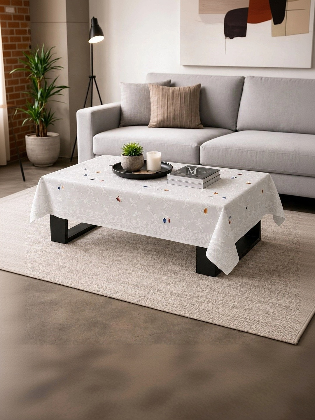 RYKA White Floral Cotton 4-Seater Table Cover with Textured details