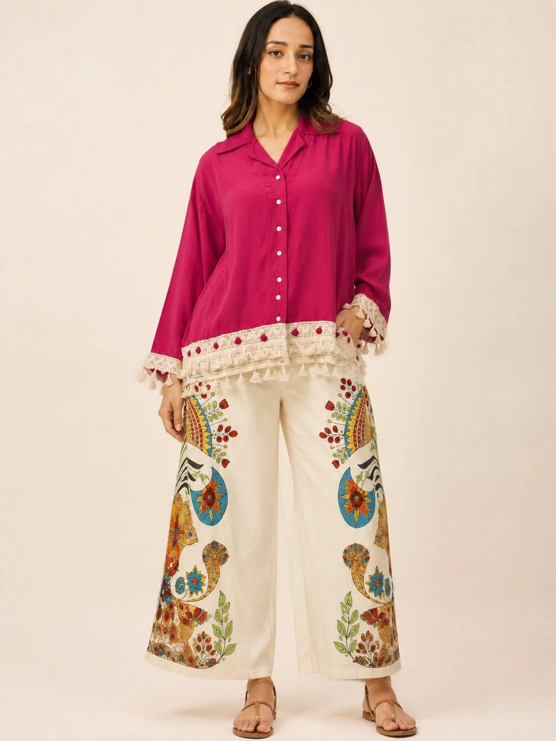 ROYALICA Ethnic Motifs Print Fringed A-Line Dress