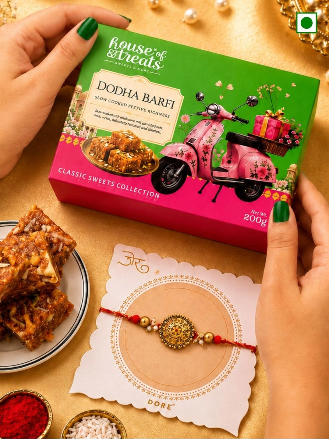 RawFruit Ganesh Charm Rakhi With Roli Chawal & Dodha Barfi Sweets-200 gms