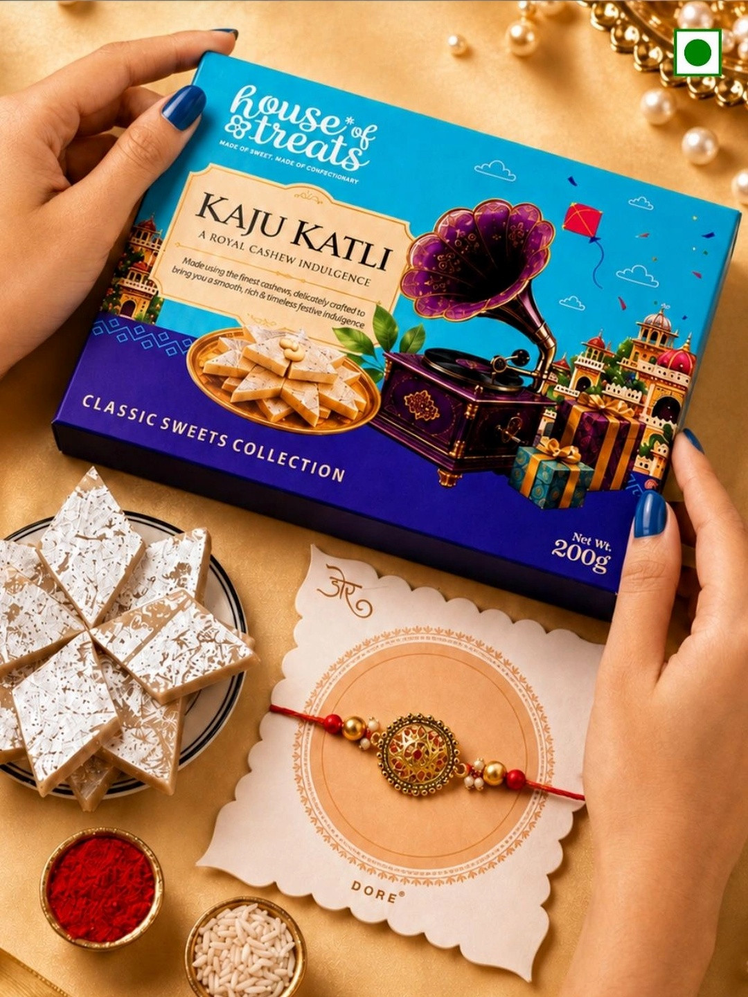 RawFruit Beaded Rakhi With Kaju Katli Sweets Gift Set 200gms