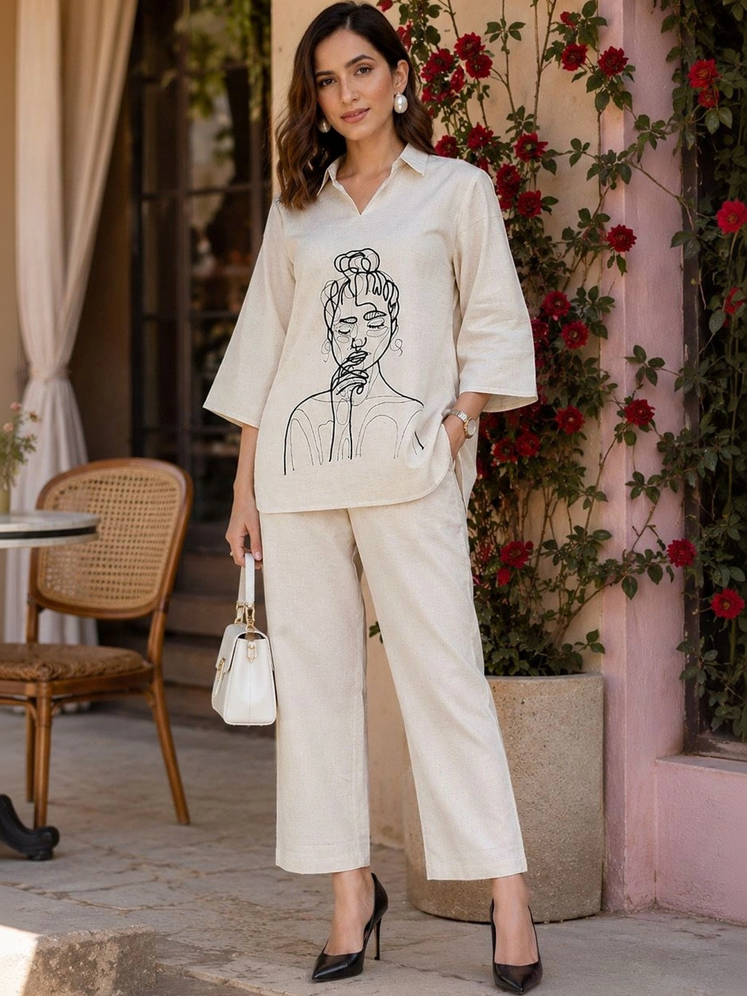 KALINI Embroidered Pure Cotton Shirt Collar Neck Tunic & Trousers Co-Ords