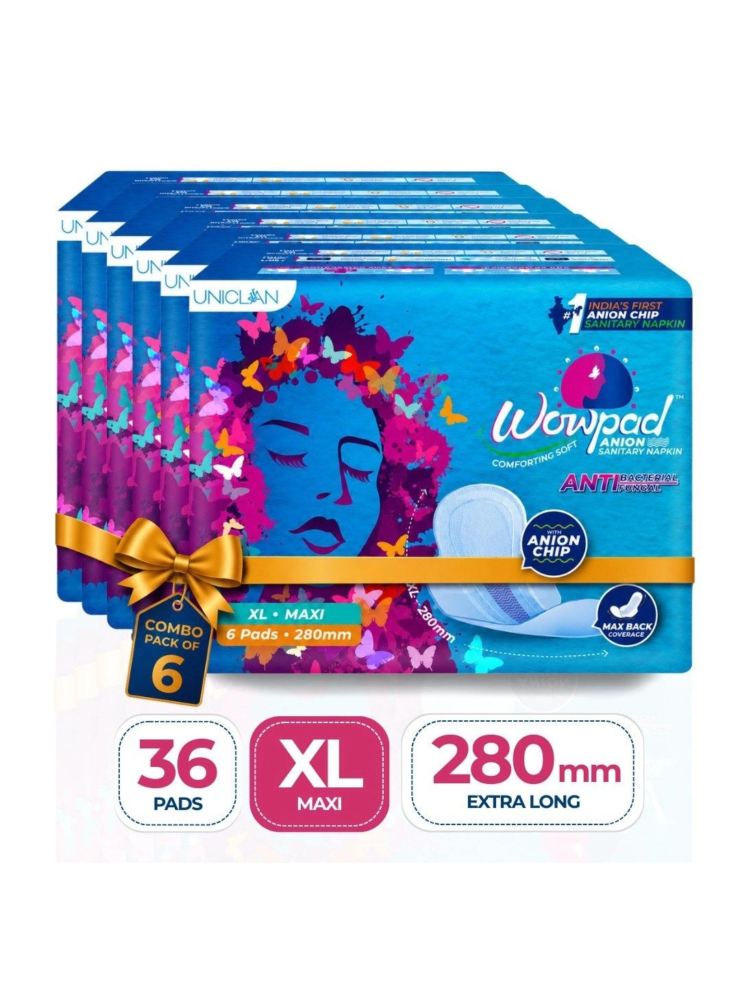Wowpad Set Of 6 Super Absorbent & Cotton Soft Anion Chip Sanitary Pads XL - 6Pcs Each