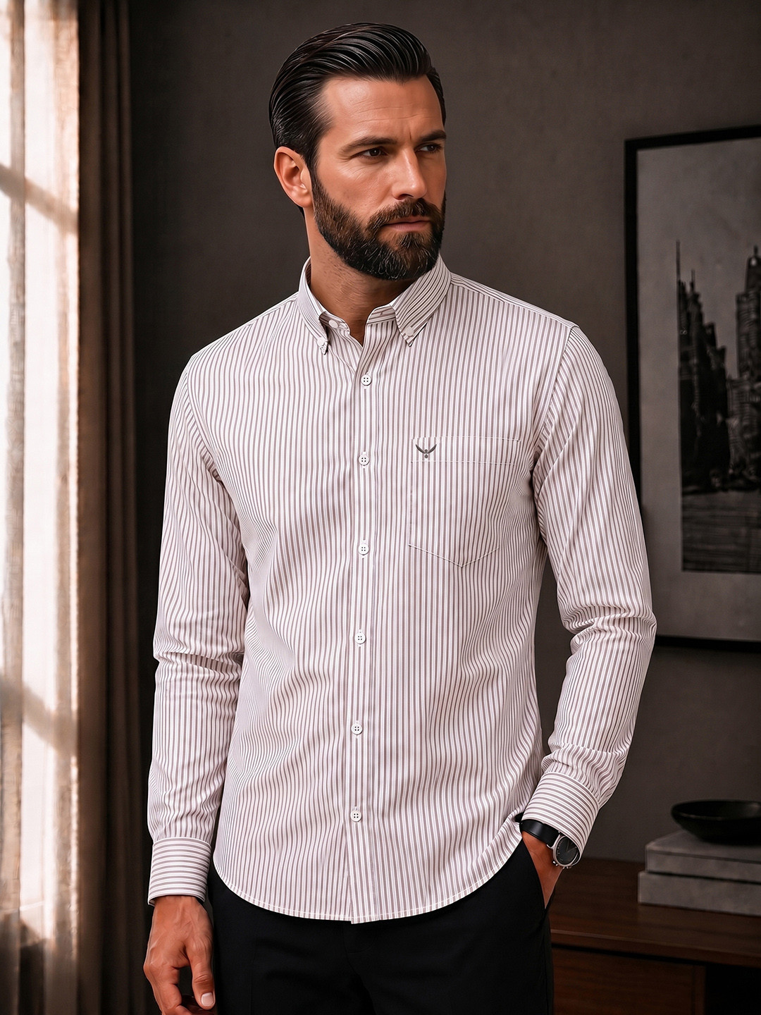 PERCH Men Slim Fit Striped Casual Shirt