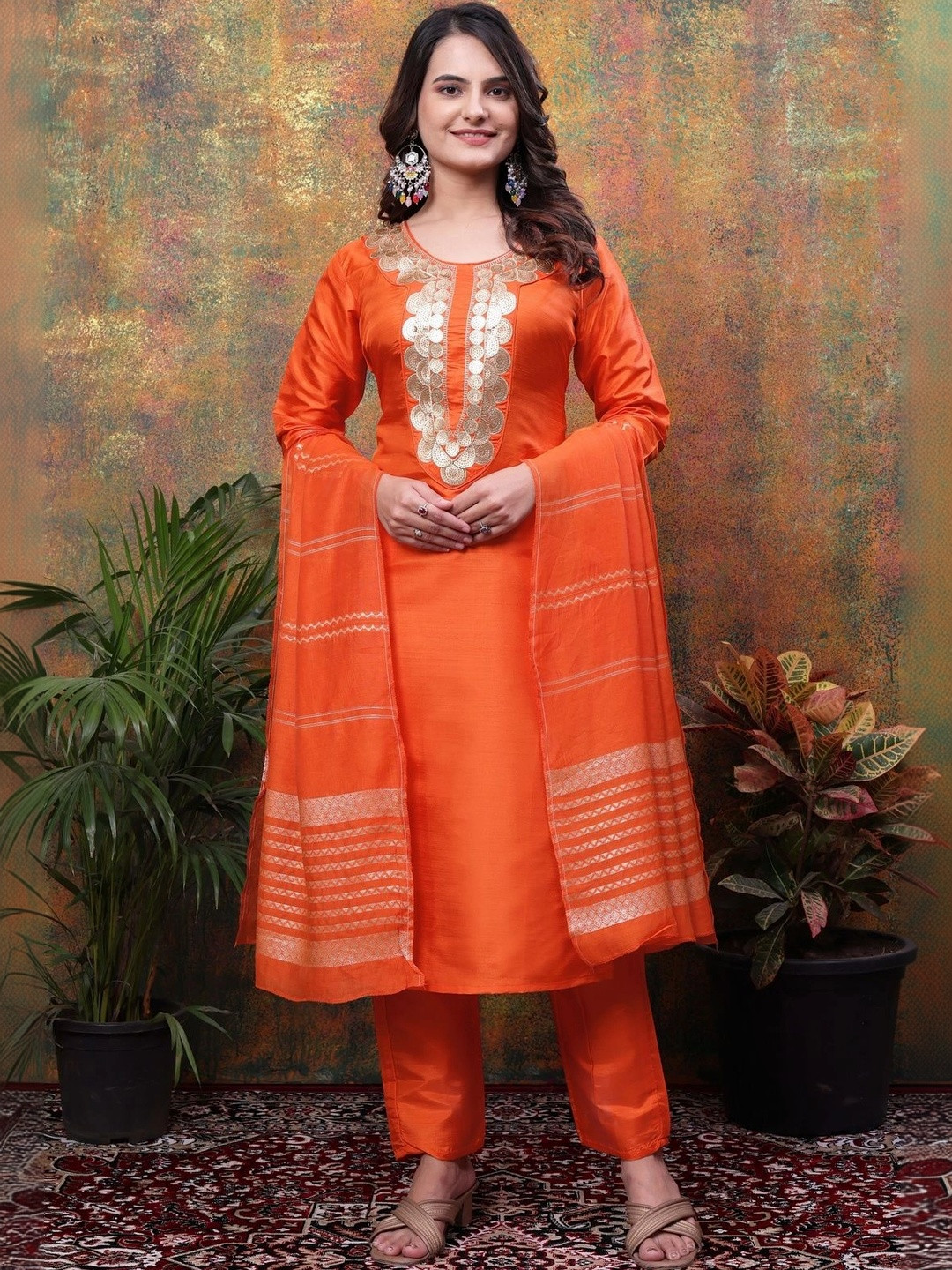 Sangria Women Embroidered Regular Sequinned Kurta with Trousers & With Dupatta
