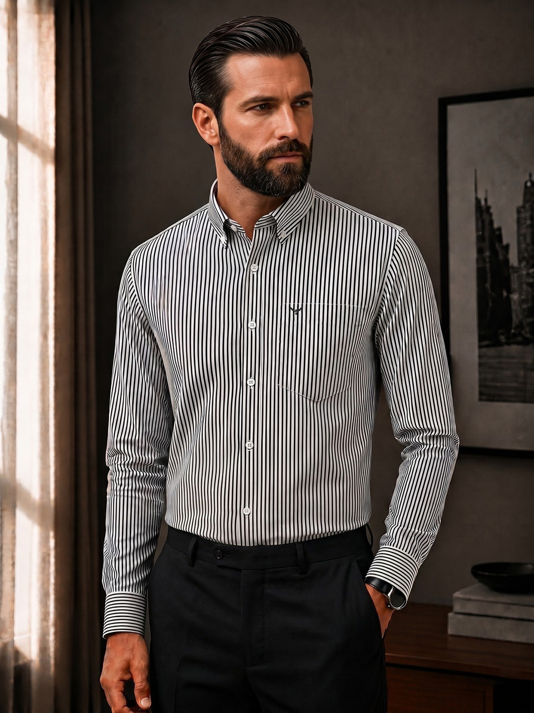 PERCH Men Slim Fit Striped Casual Shirt