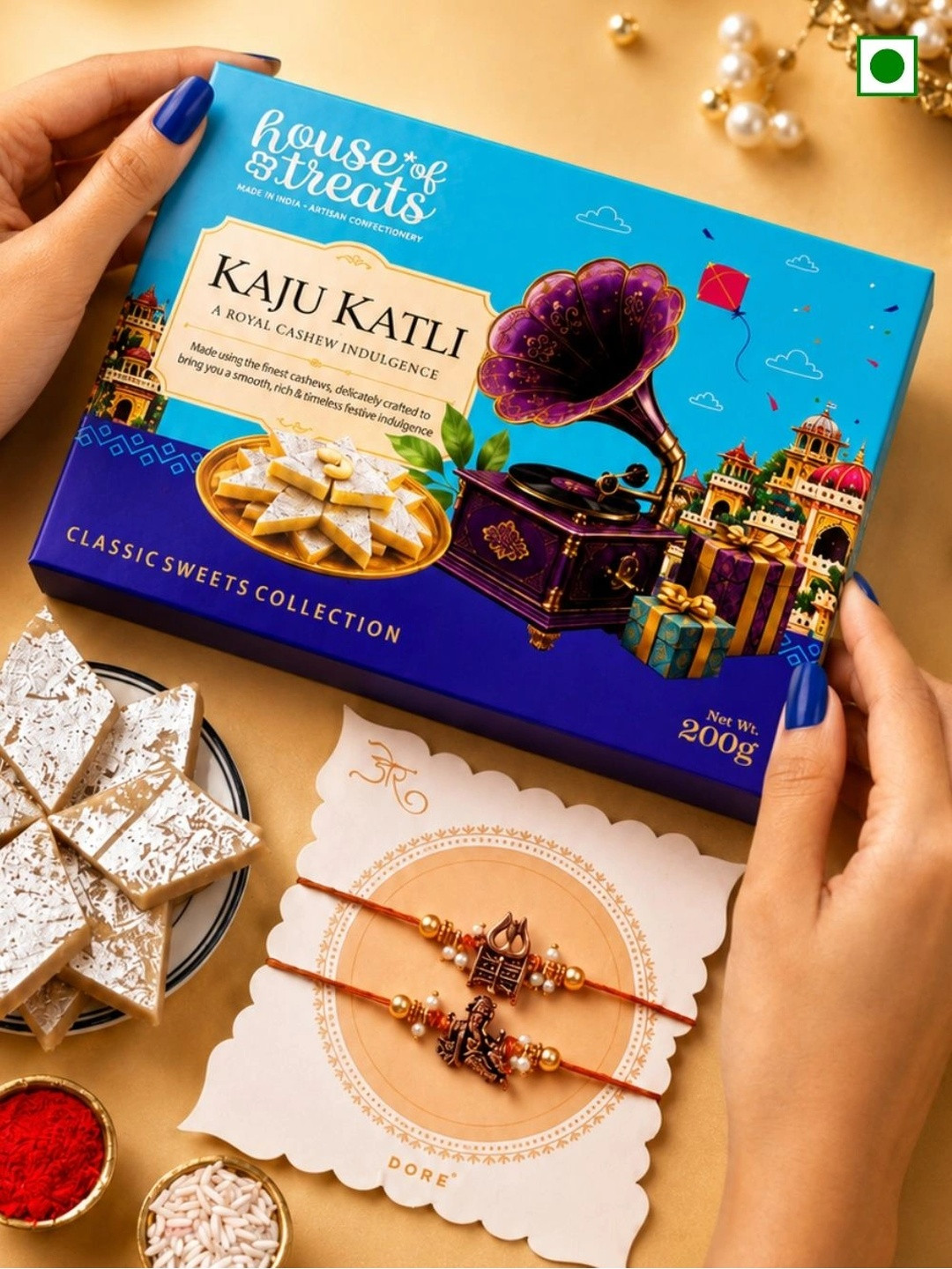 Hyperfoods Set Of 2 Rakhis With Kaju Katli Sweet Gifts