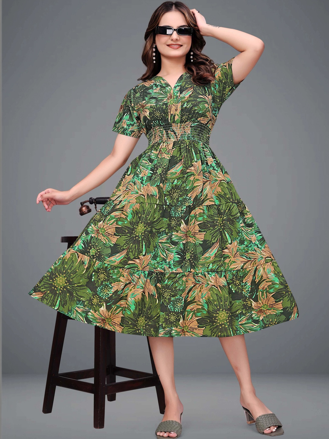 SHAIBO SAREE Floral Print Crepe A-Line Dress
