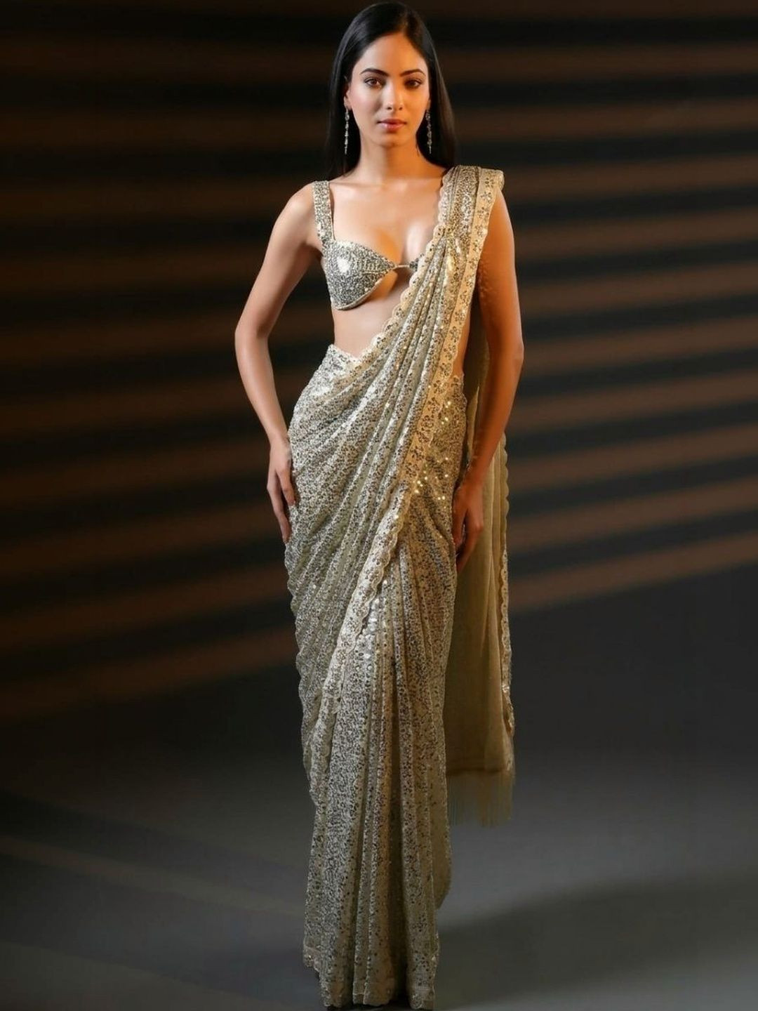 HANDME Ready To Wear Premium Luxe Sequin Infused Saree with Designer Unstitched Blouse
