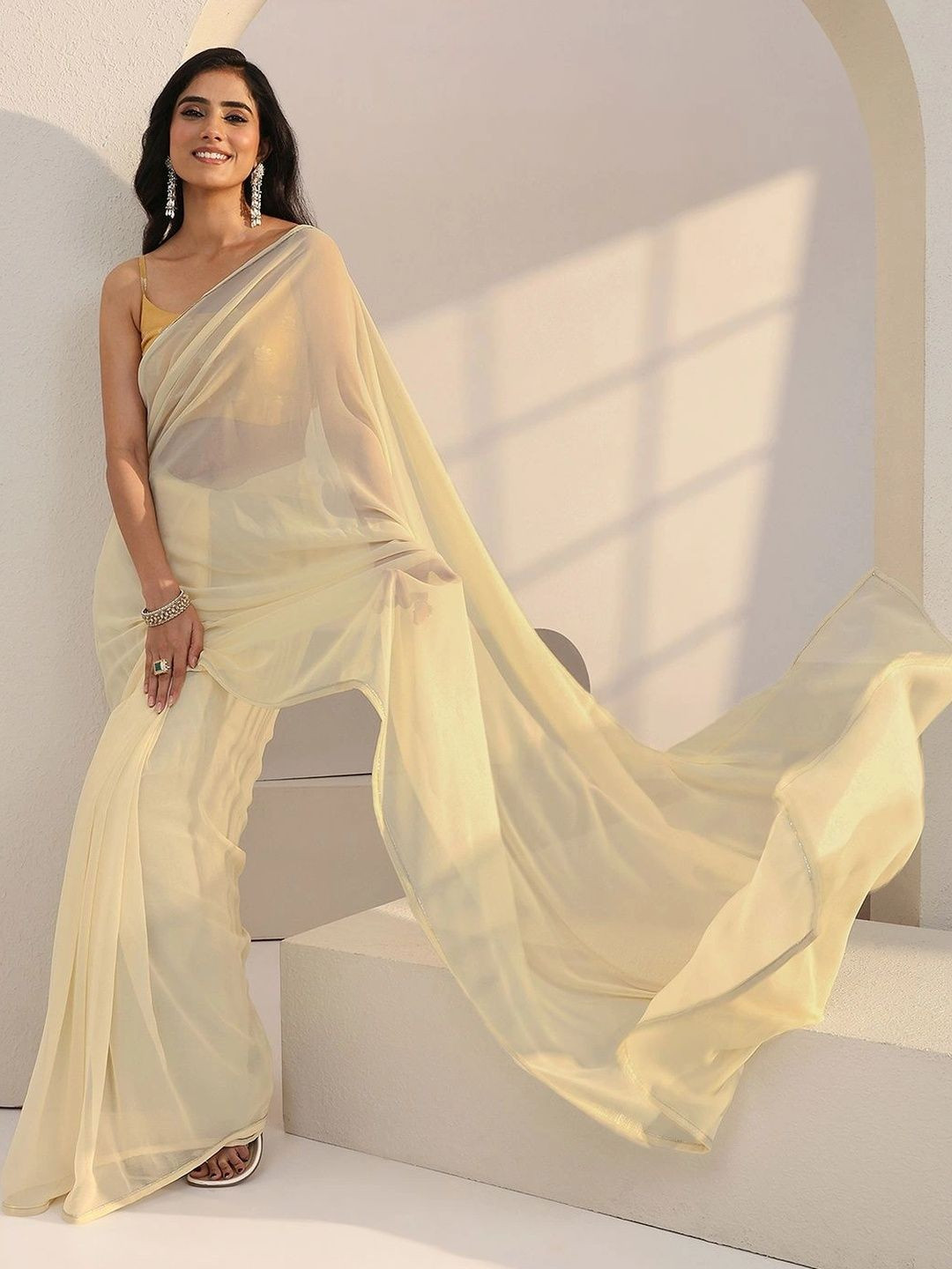 Libas Cream Georgette Pre Draped Saree