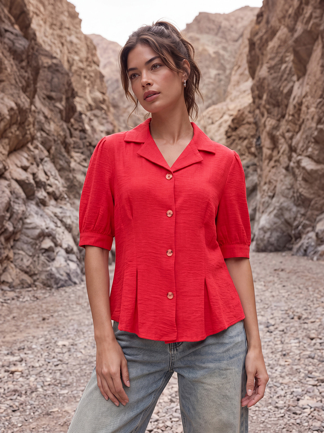 The Roadster Life Co. Textured Puff Sleeves Casual Shirt