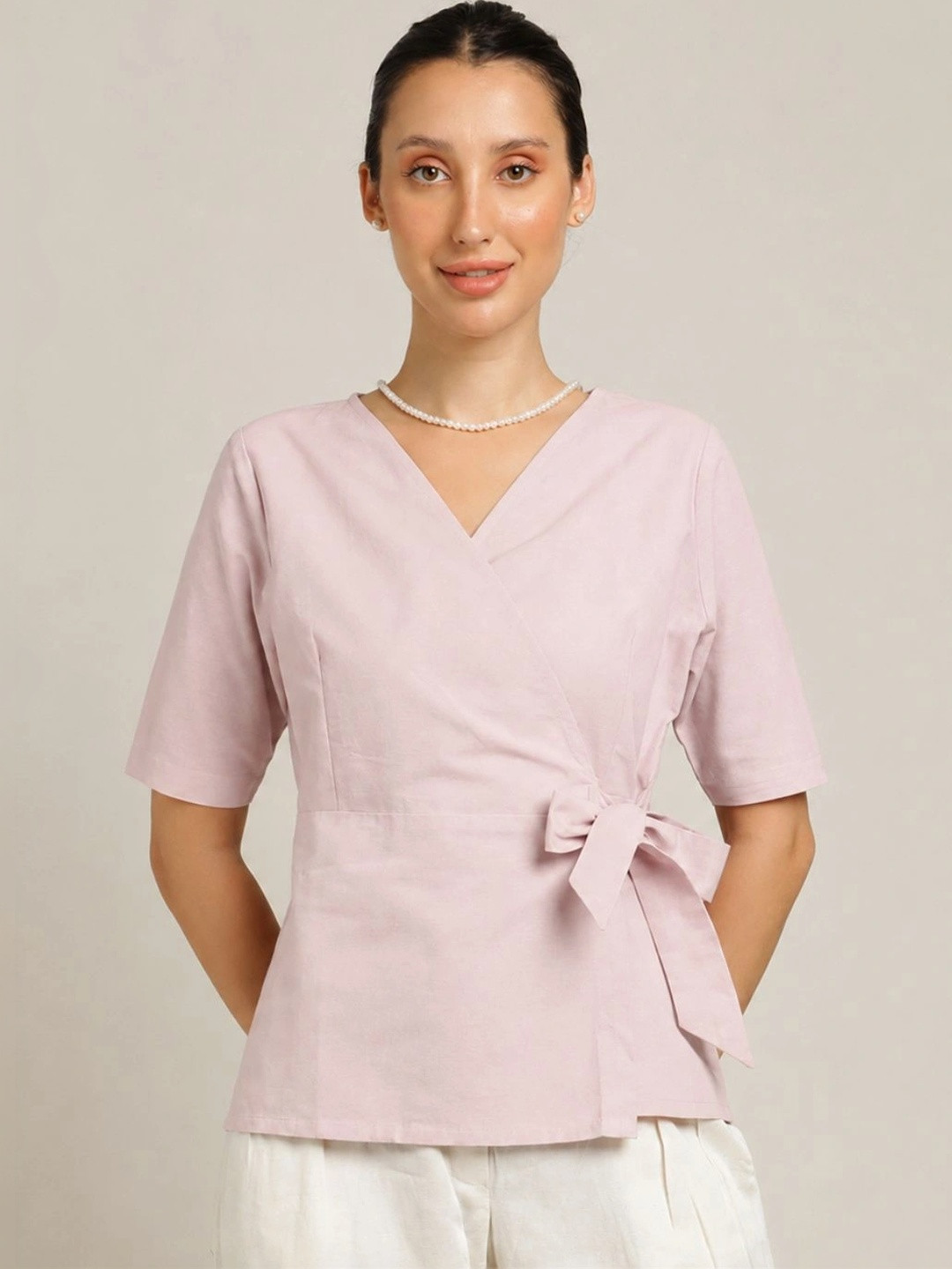 Saltpetre Women Solid Pink Organic Cotton Wrap Top