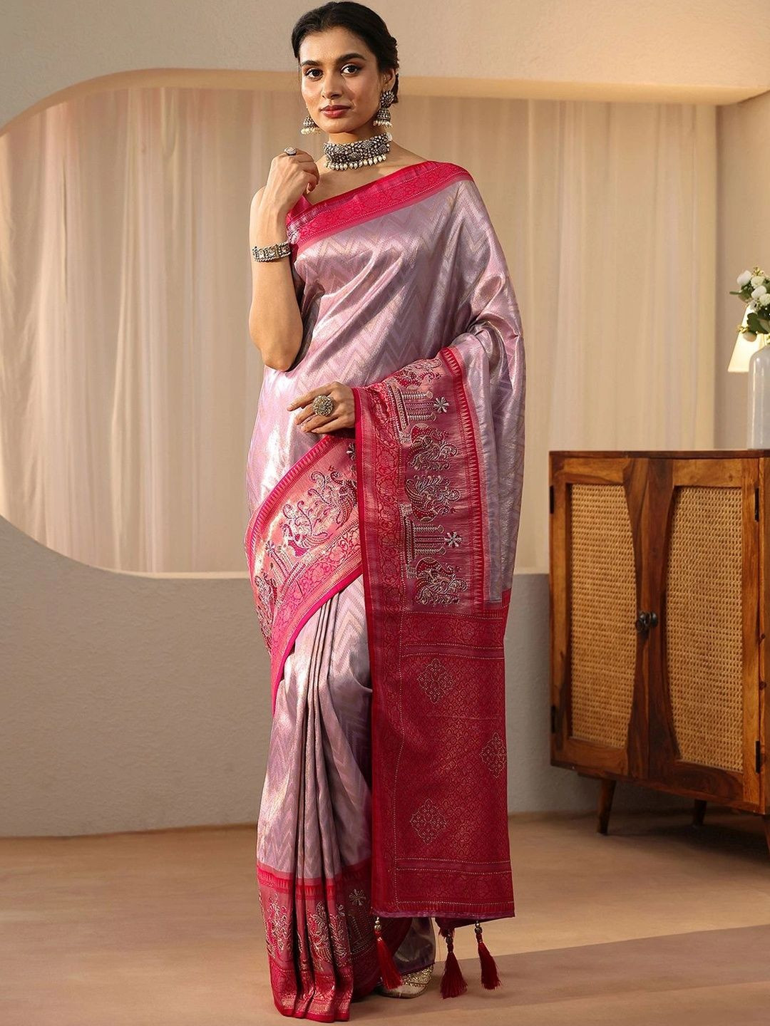 Libas Lavender Silk Blend Saree with Woven Border