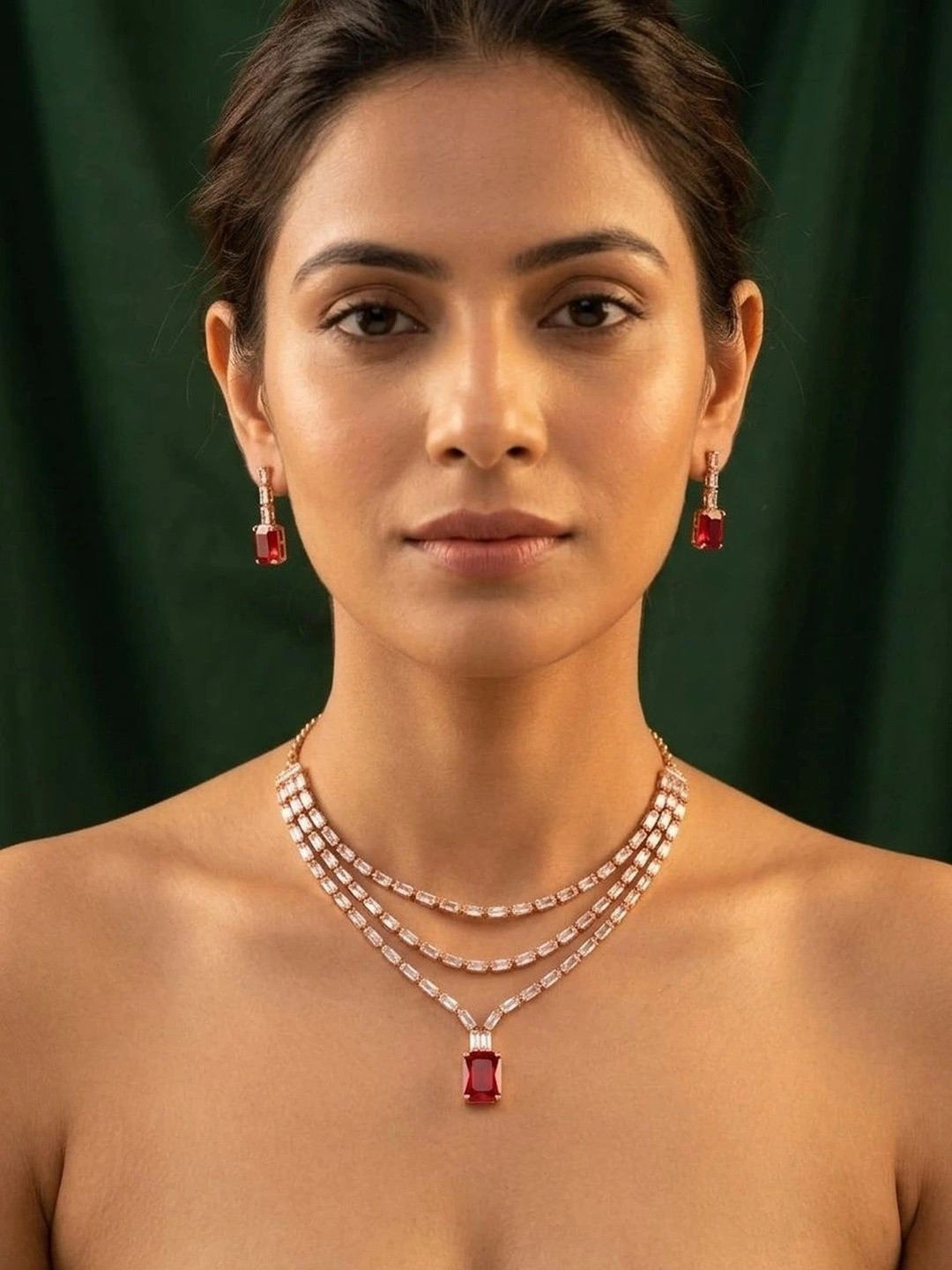 DURATI Rhodium-Plated American Diamond Necklace and Earrings
