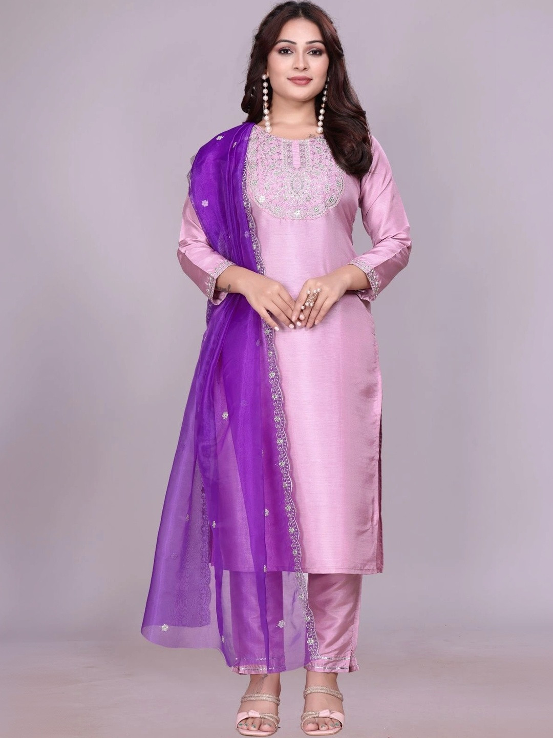 Sangria Women Ethnic Motifs Embroidered Regular Thread Work Kurta with Trousers & With Dupatta