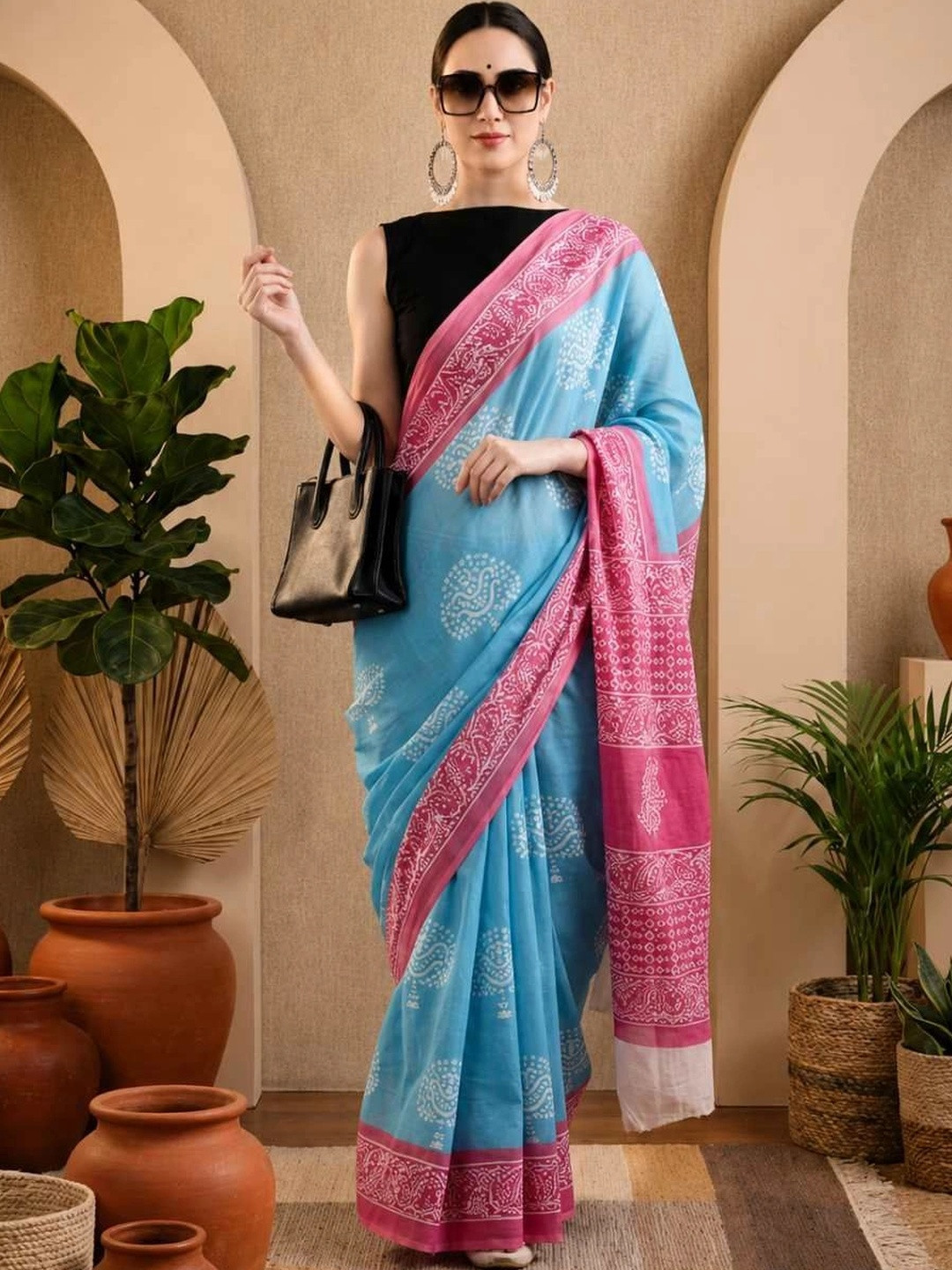 House of Pataudi Paisley Pure Cotton Fusion Saree