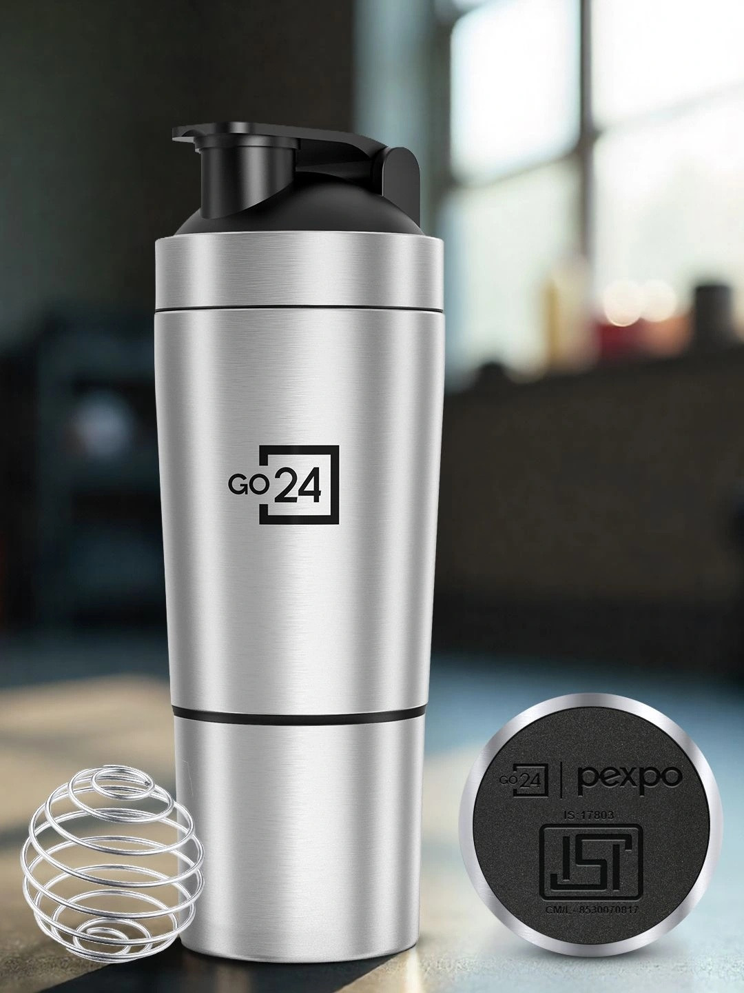 Go24 Kinetic Stainless Steel Gym Shaker With Extra Compartment Silver, Black 850ml