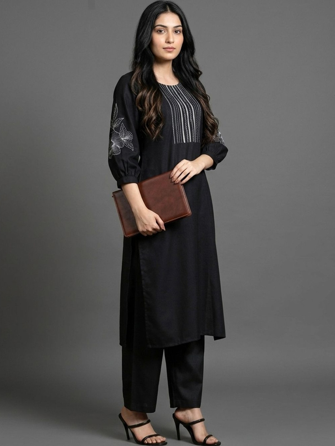 Navibhu Tailored Women Ethnic Motifs Embroidered Regular Thread Work Kurta with Trousers