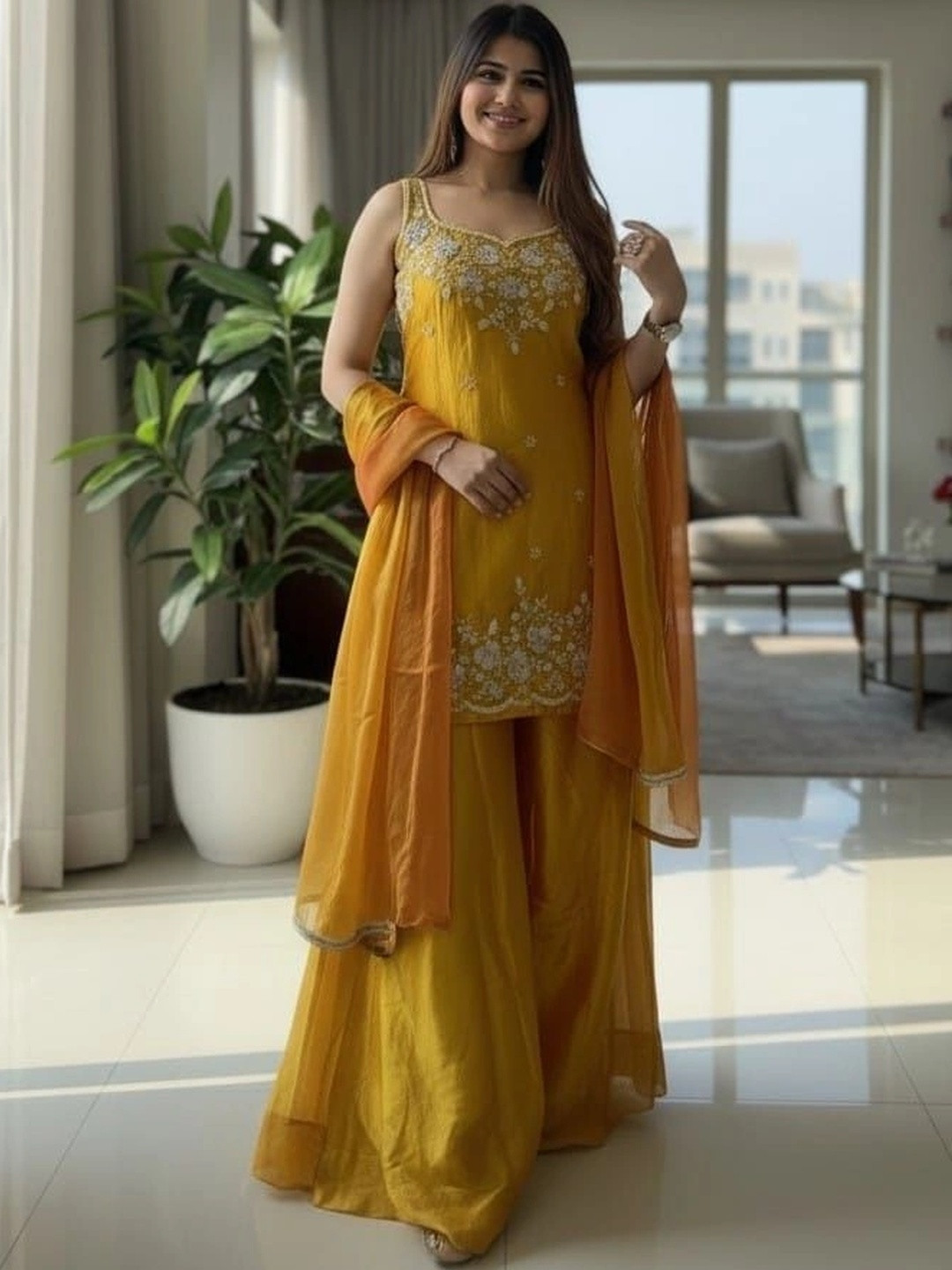 Latim Fashion Women Floral Embroidered Regular Thread Work Kurta with Sharara & With Dupatta