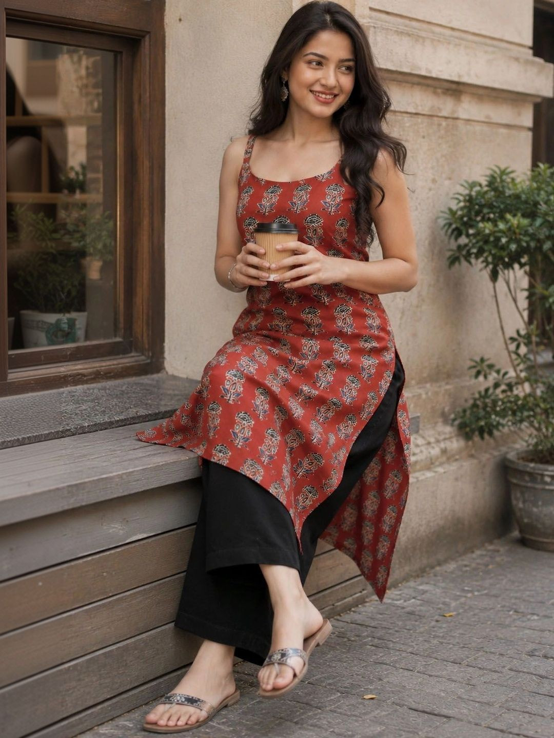 Rust Red with Black & Beige Floral Block Print Cotton Straight Kurti