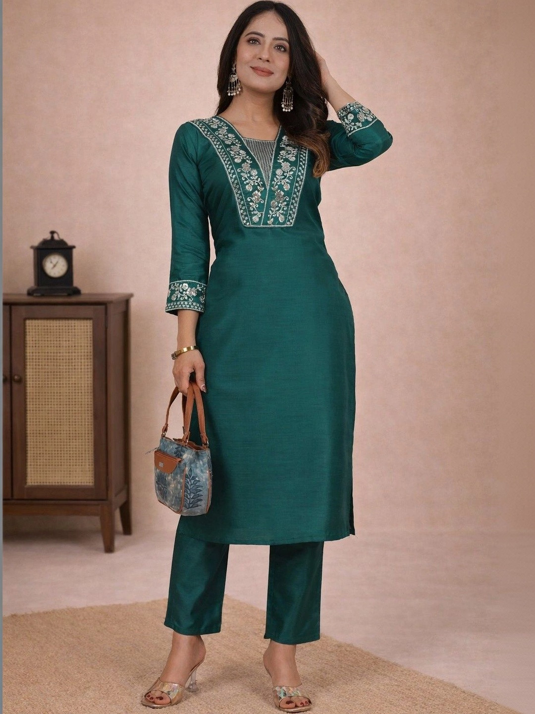 Sangria Embroidered Tunic with Trousers