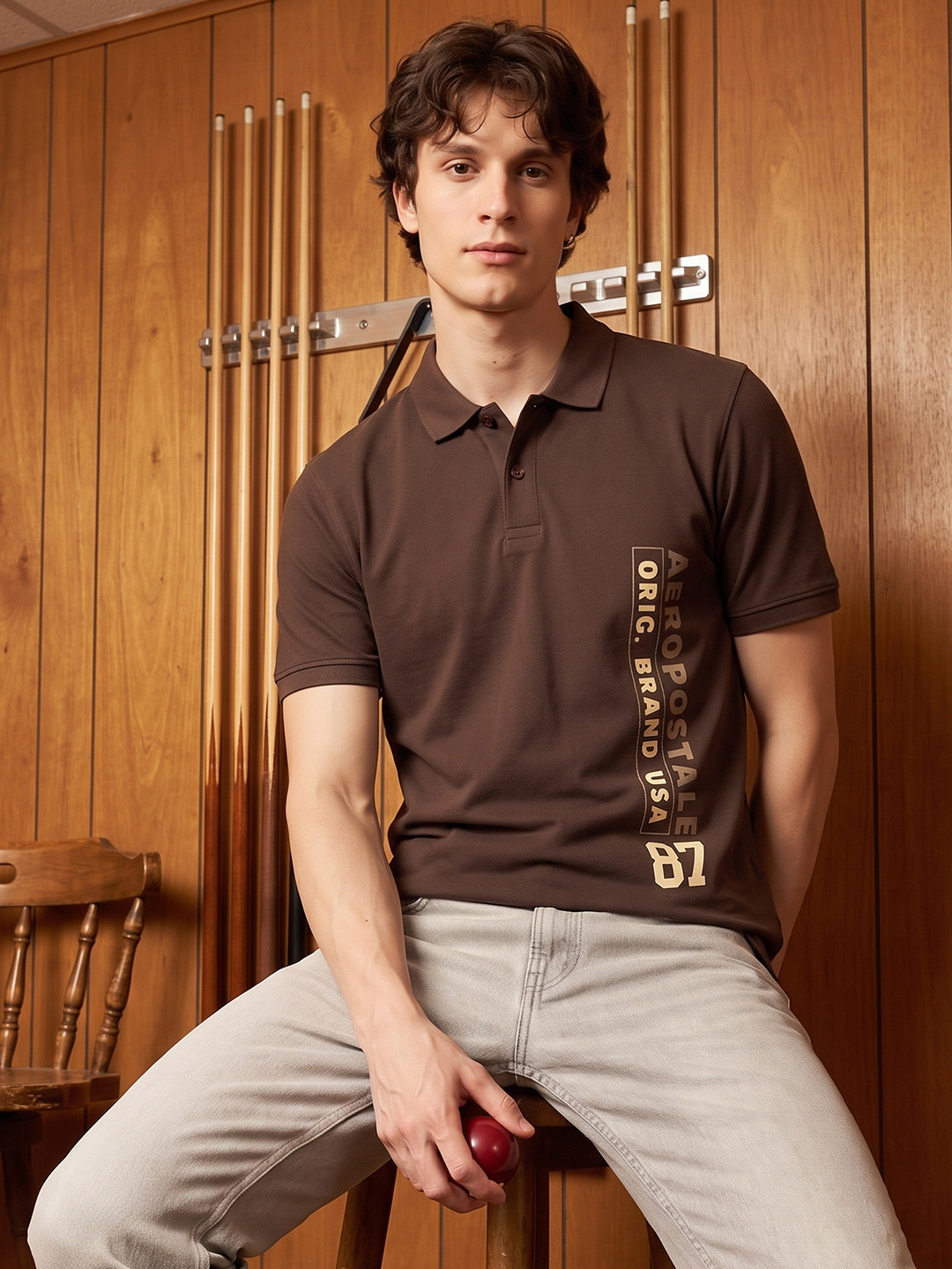 Aeropostale Polo Collar Typography Printed Pure Cotton T-shirt