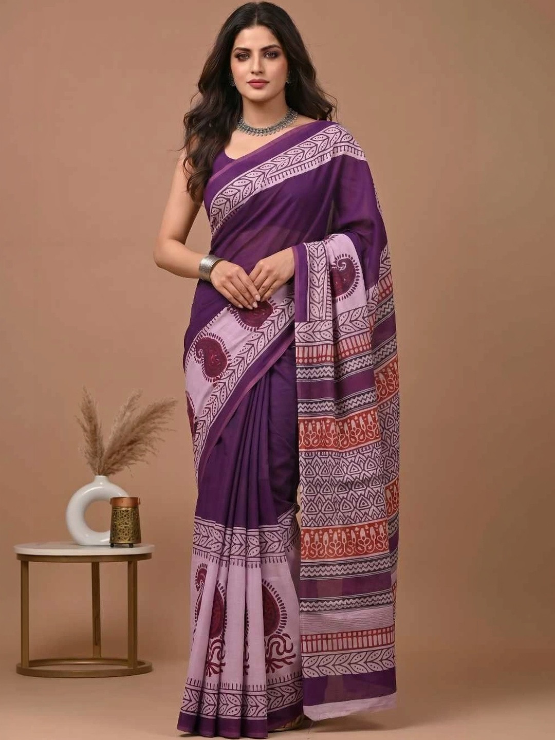 House of Pataudi Paisley Pure Cotton Fusion Saree