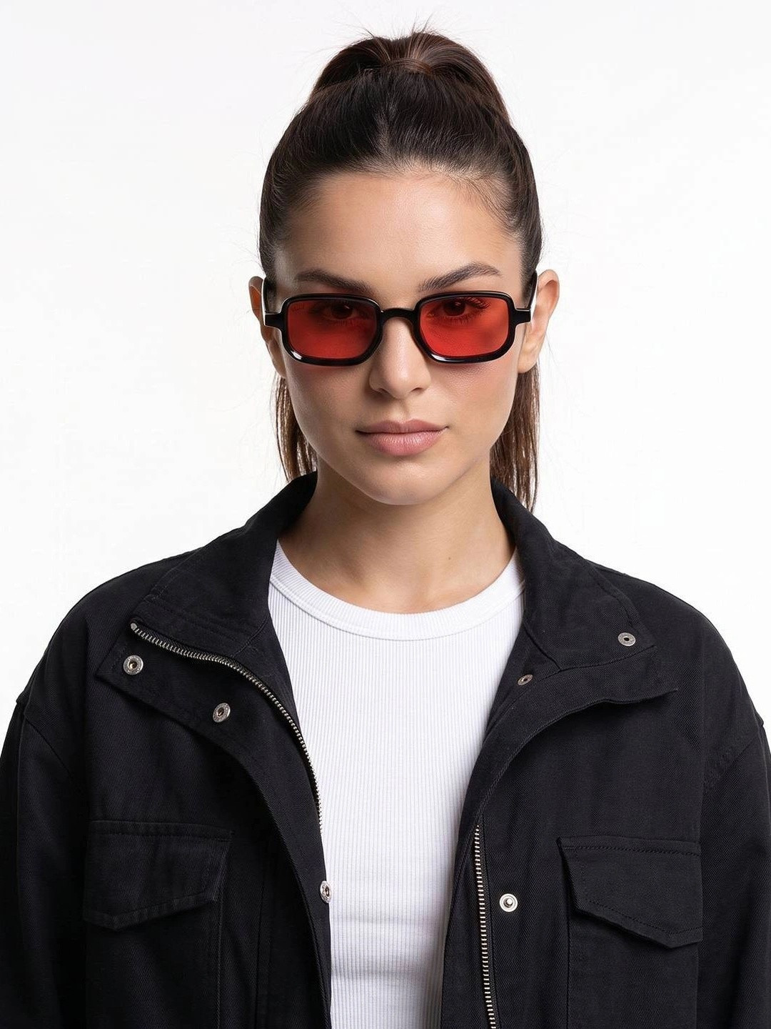 MacV Unisex Red Lens & Black Rectangle Sunglasses with