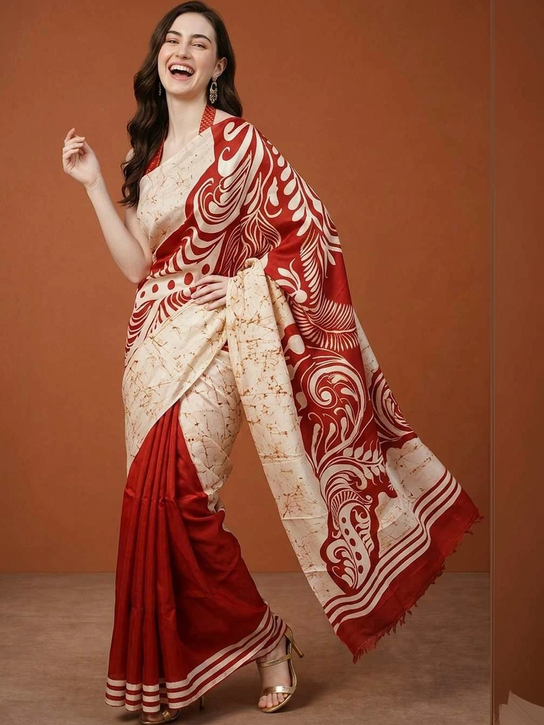 House of Pataudi Batik Pure Cotton Fusion Saree