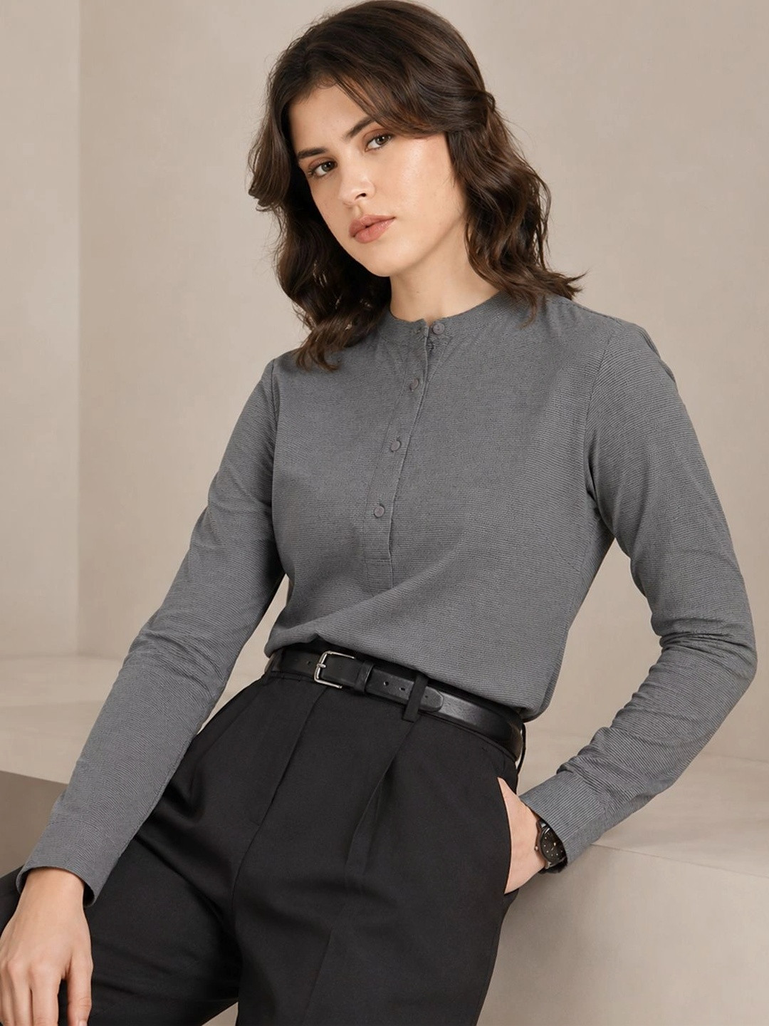 Hancock Women Houndstooth Flannel Weave Organic Cotton Formal Top