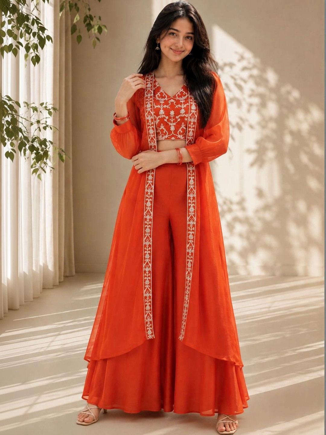 CurlyTales Girls Orange Organza Embroidered Crop Top With Palazzos & Shrug