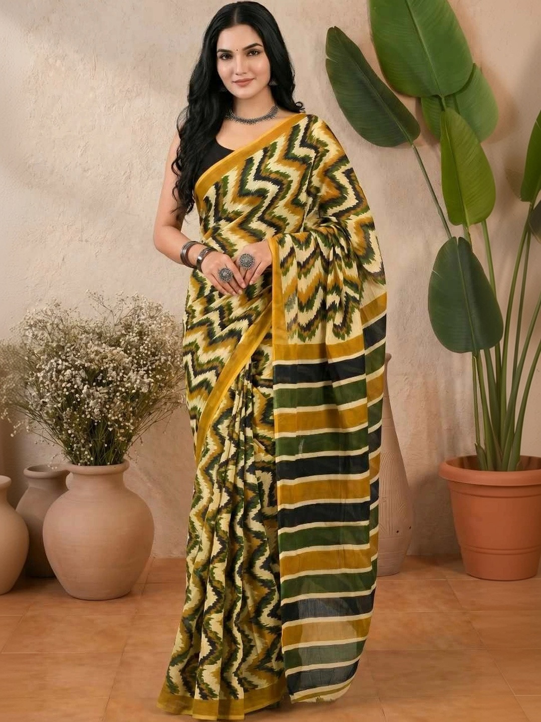 House of Pataudi Leheriya Pure Cotton Fusion Saree