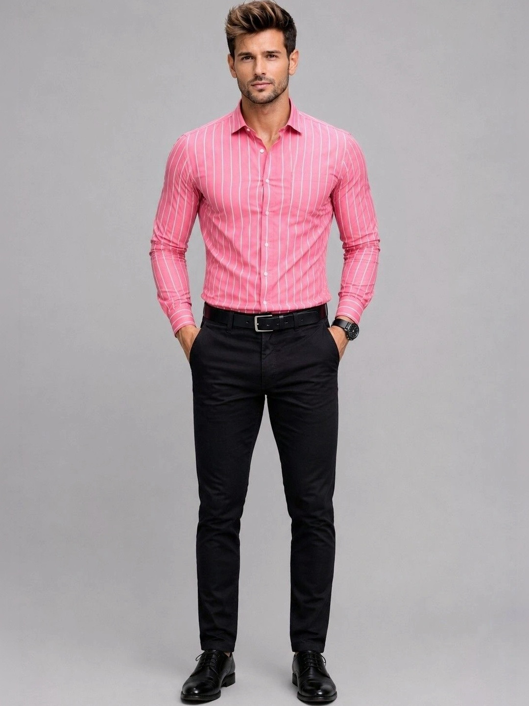 Studio-9 Men Classic Slim Fit Striped Semiformal Shirt