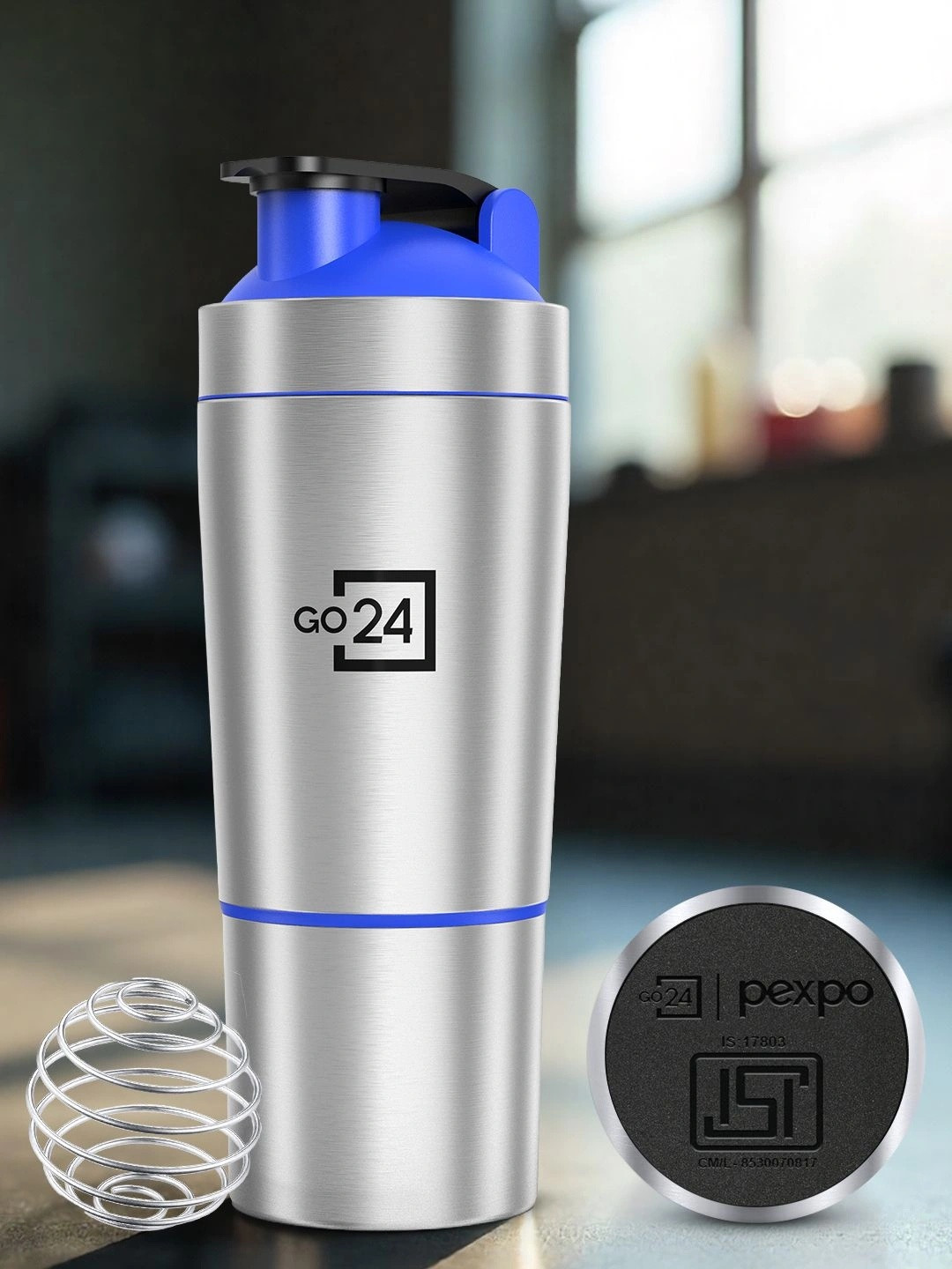Go24 Kinetic Stainless Steel Gym Shaker With Extra Compartment Silver Blue 850ml