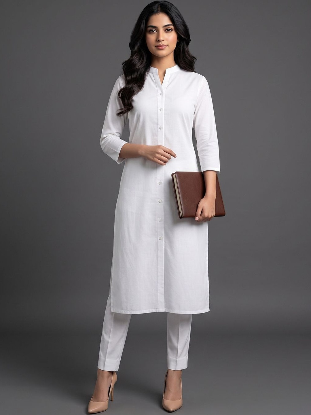 Navibhu Everyday Workwear Women Striped Mandarin Collar Three-Quarter Sleeves Kurta