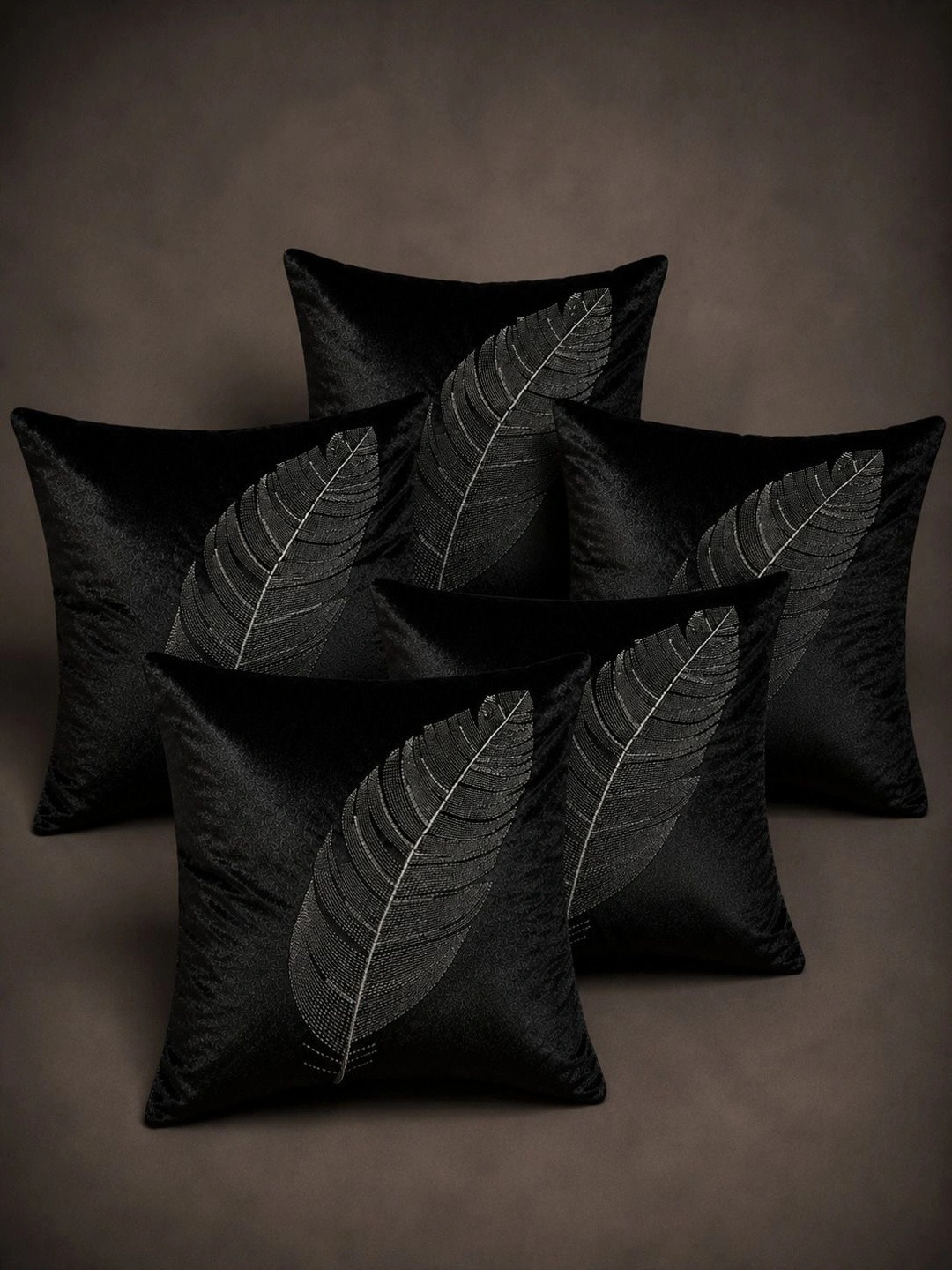 VORNEXA Black Set of 5 Floral Velvet Square Cushion Covers