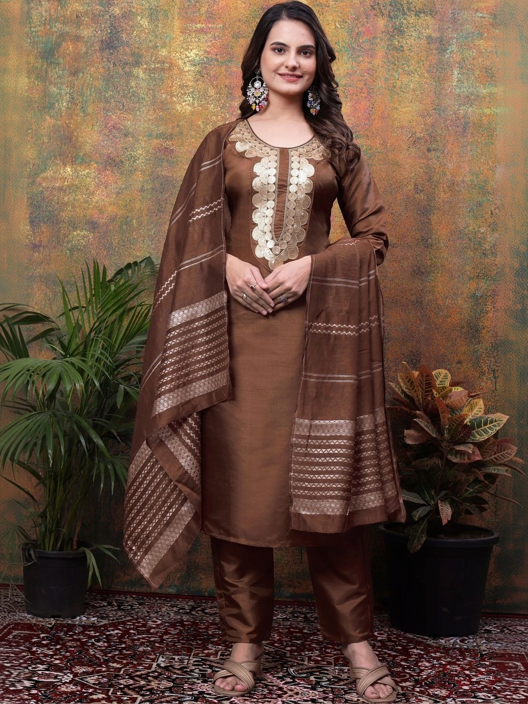 Sangria Women Ethnic Motifs Embroidered Regular Kurta with Trousers & With Dupatta