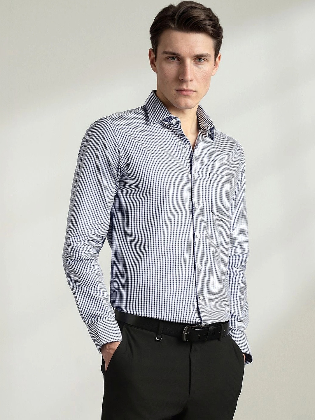 Van Heusen Men Blue Slim Fit Micro Checked Pure Cotton Formal Shirt