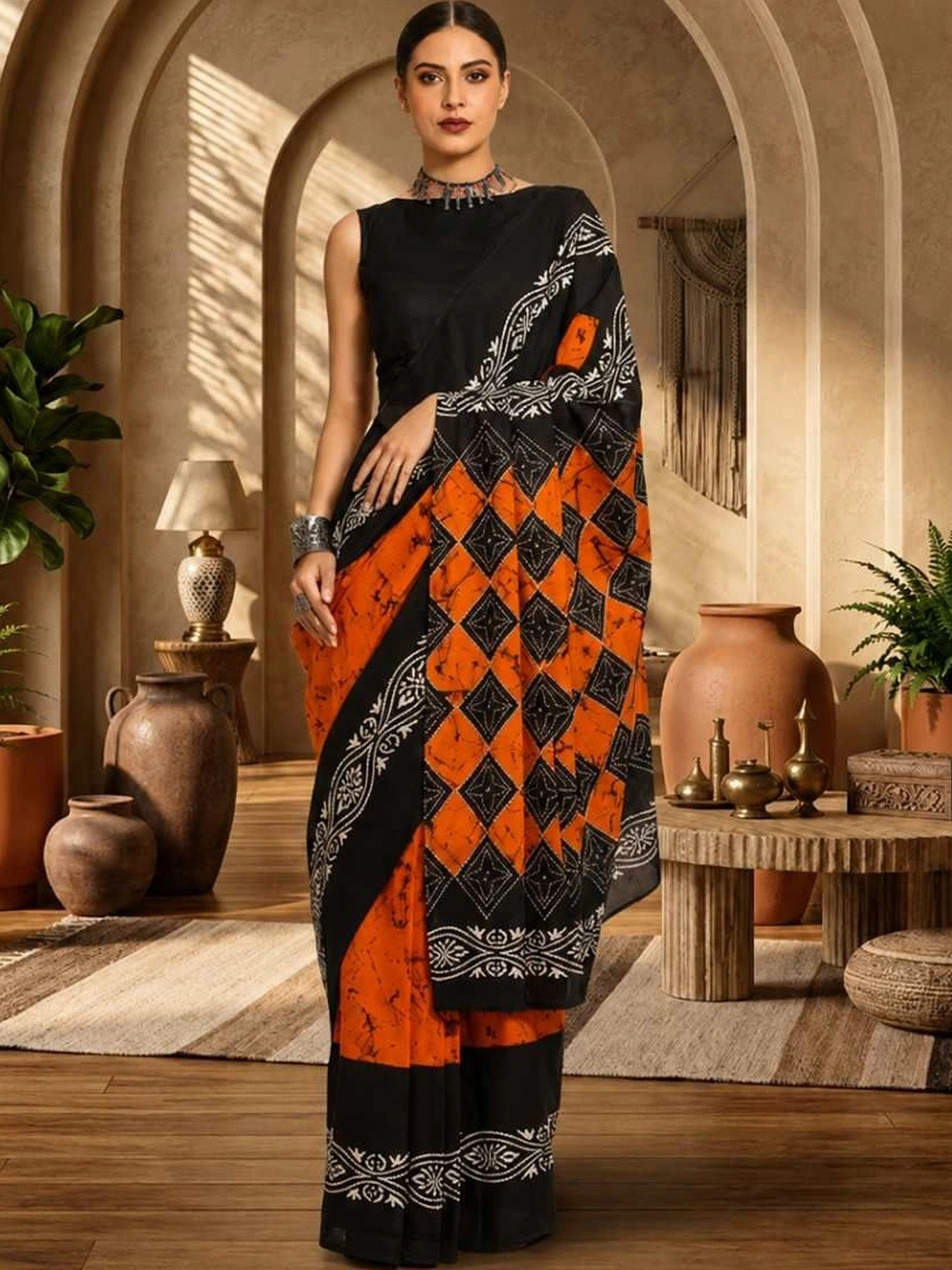 House of Pataudi Batik Pure Cotton Fusion Saree
