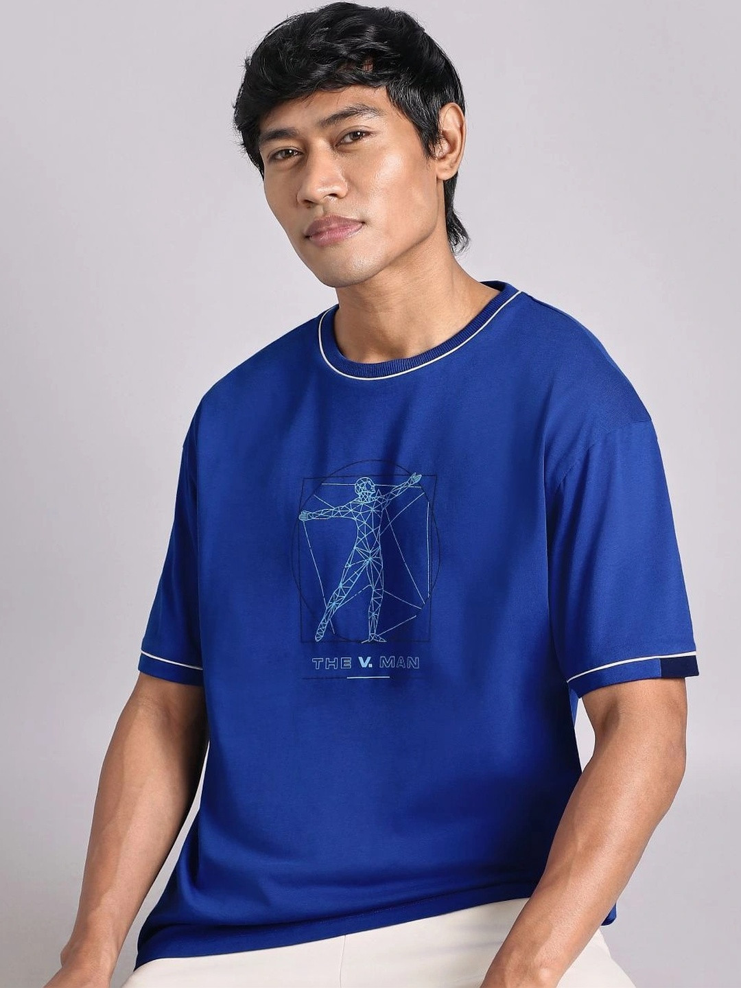 CULT Men's Blue V-Man Relaxed Fit Graphic T-shirt