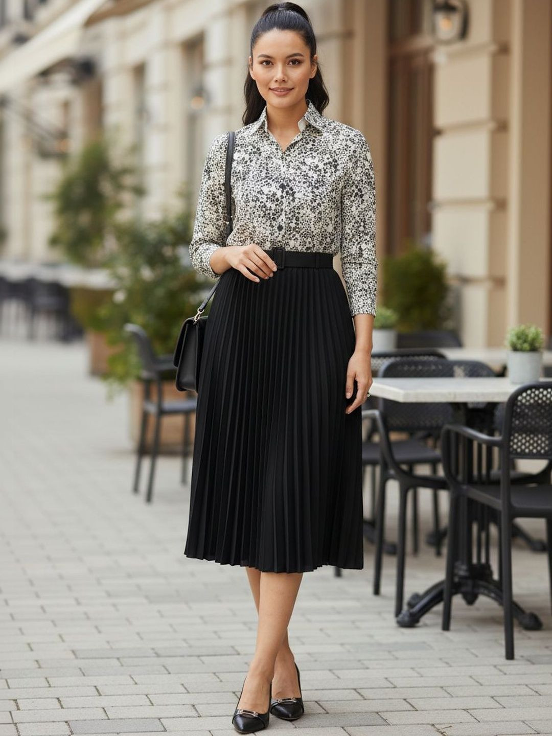 Abstract Print Pleated Midi Dress with Belt