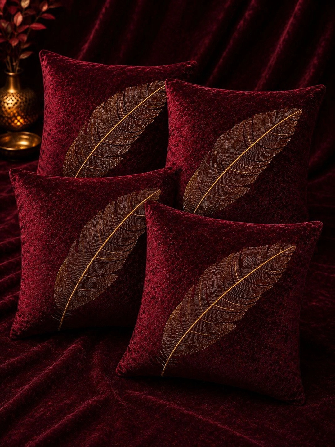 VORNEXA Maroon Set of 4 Velvet Square Cushion Covers