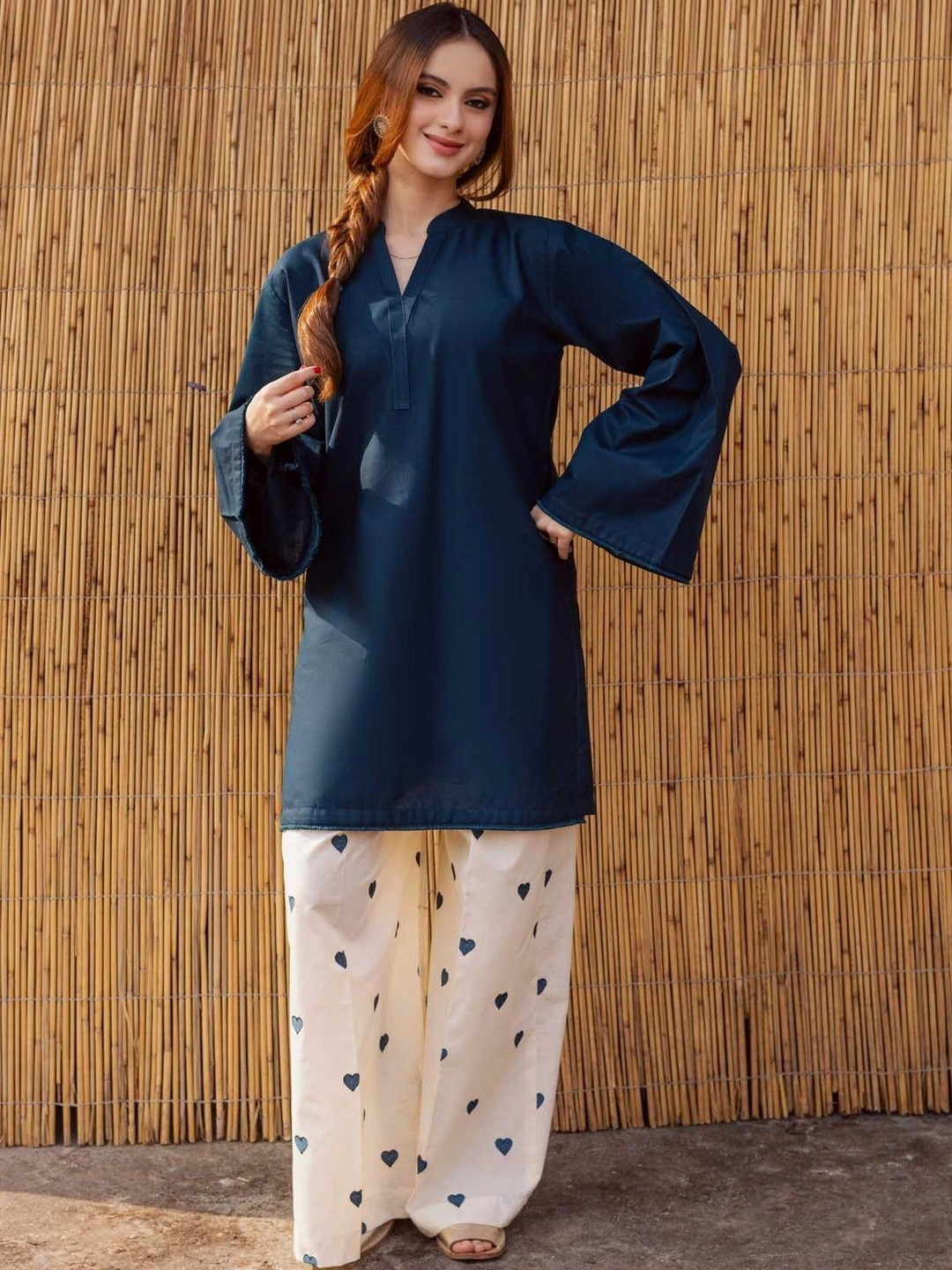 Navy Blue Solid Tunic with Printed Trousers