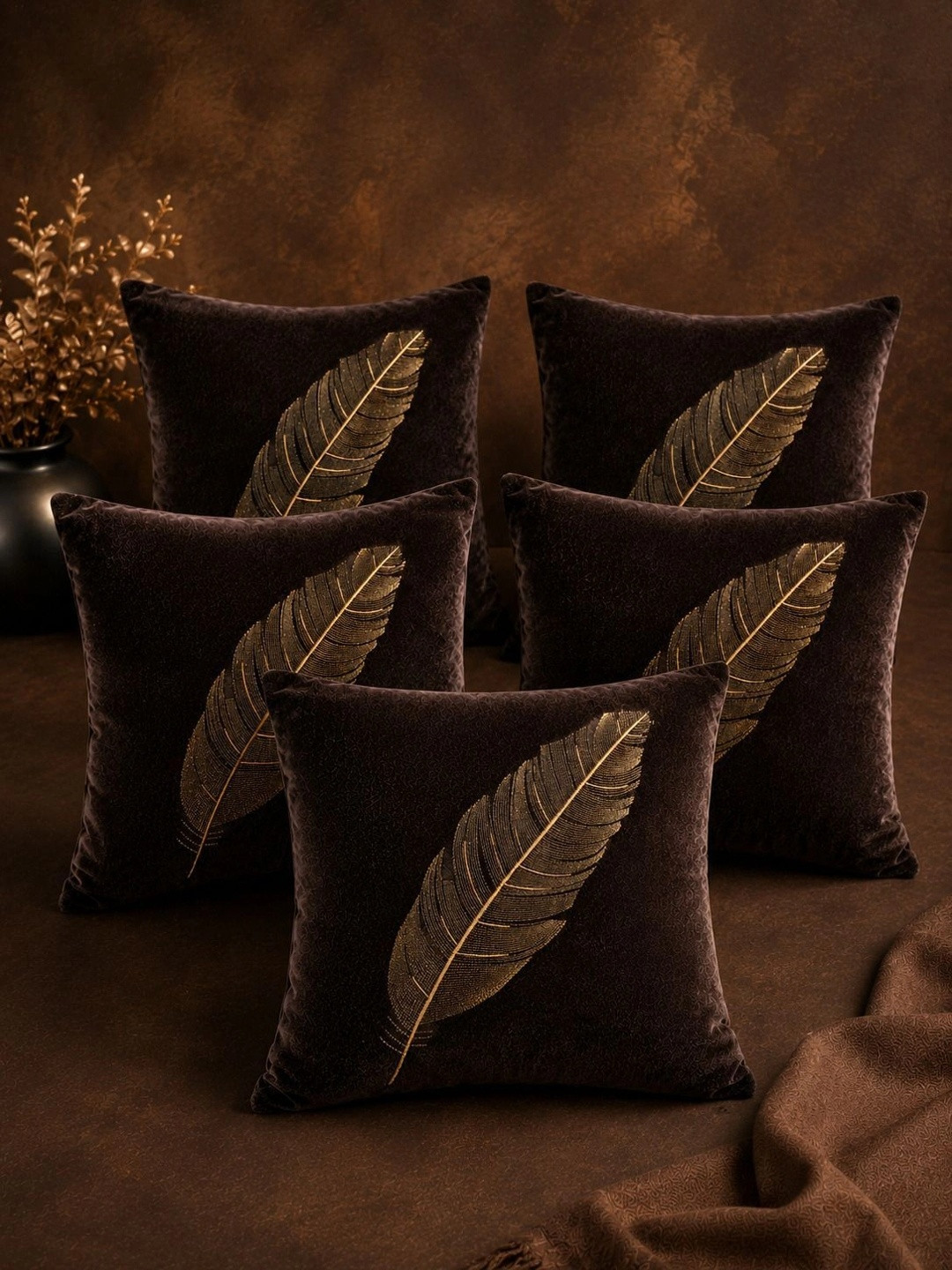 VORNEXA Brown Set of 5 Velvet Square Cushion Covers