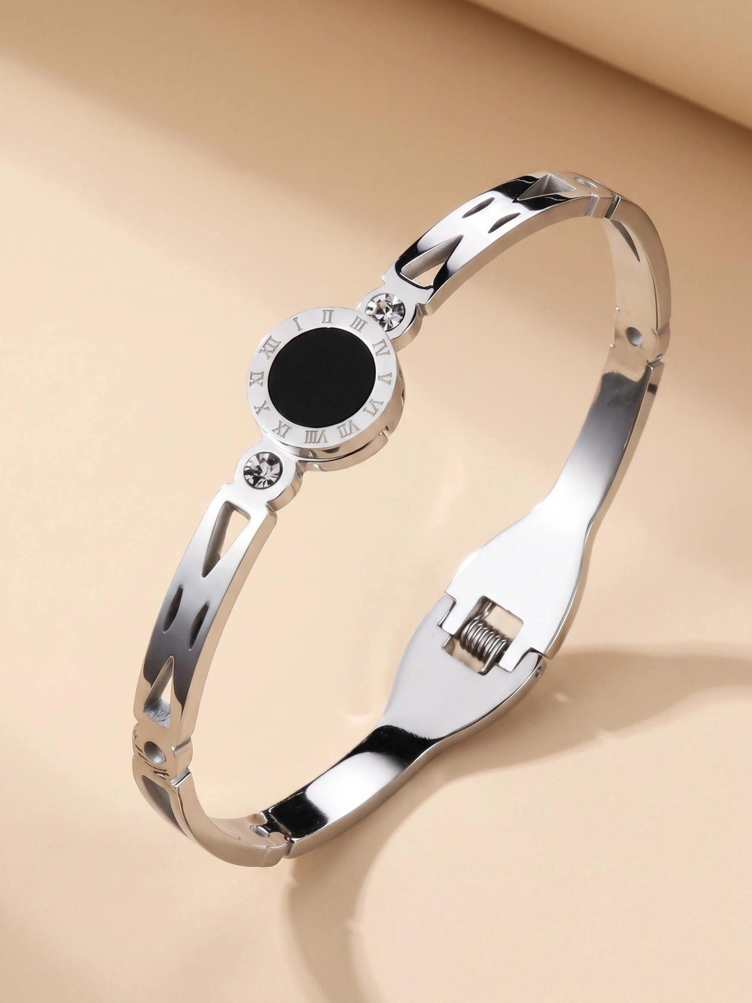 MYKI Women Silver-Toned Cubic Zirconia Silver-Plated Kada Bracelet