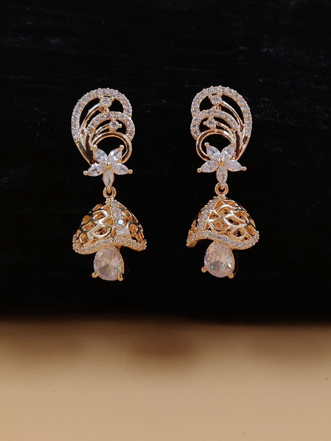 JYONA Rose Gold-Plated American Diamond & Cubic Zirconia Studded Dome Shaped Jhumkas