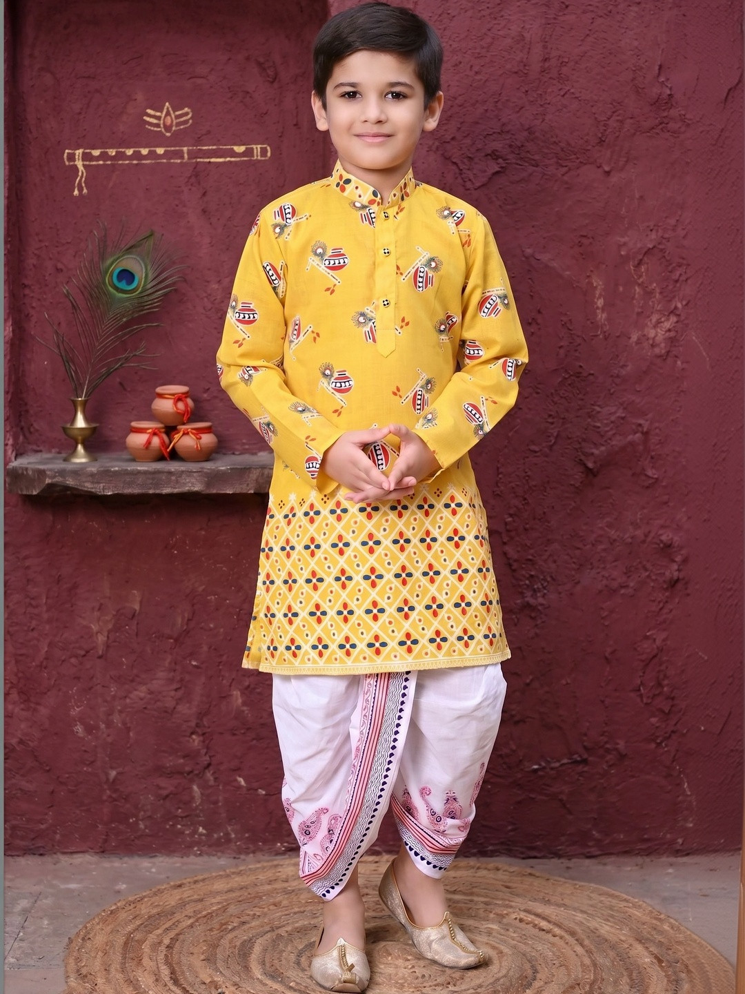 Cae Boys Ethnic Motifs Printed Regular Pure Cotton Kurta with Dhoti Pants